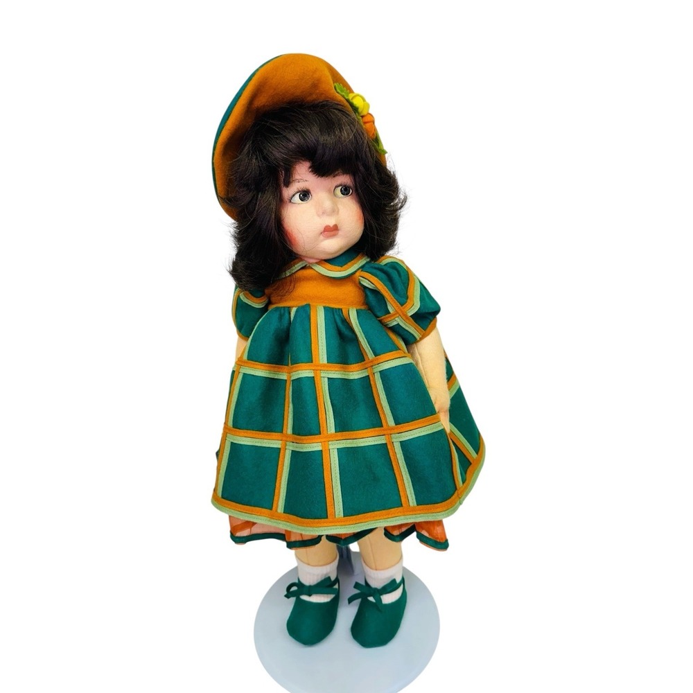 Lenci Doll Green Orange Dress With Matching Hat #923927 1980's Vintage